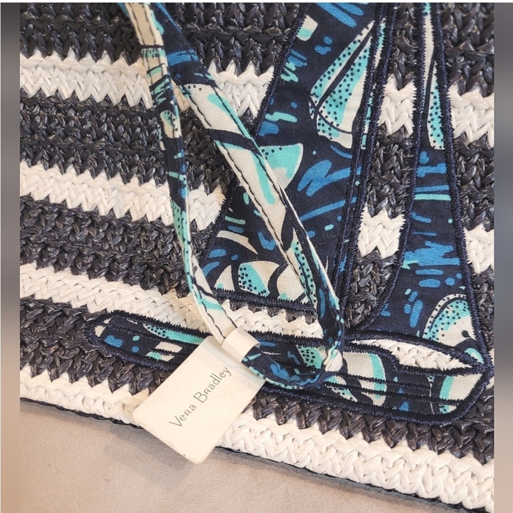 Vera Bradley Nautical Sailboat Straw Wristlet Blue White Stripe Zip bag - Picture 7 of 12